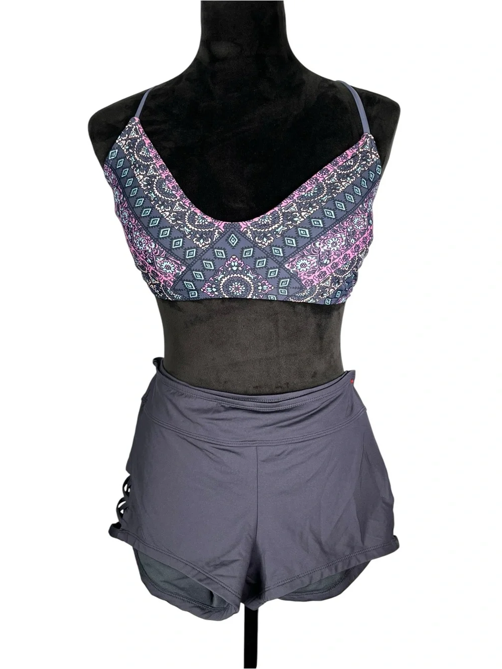 Blue Bikini Patterned Bandeau Swim Top with Boy Shorts Bottoms Purple & Pink